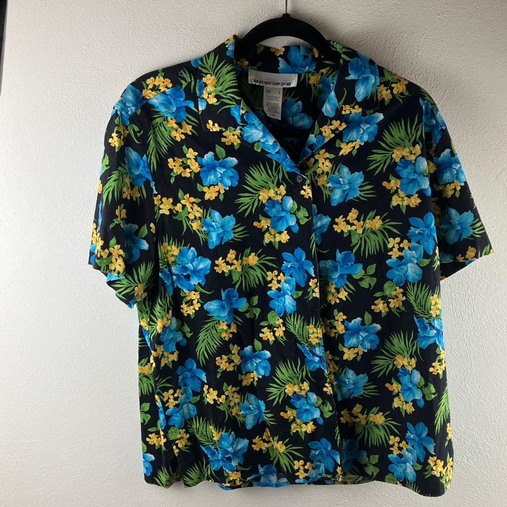 Jones New York Sport Linen Blend Hawaiian Shirt Large Blue Yellow Floral Sz L